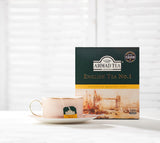 Ahmad Tea English Tea No. 1 100 Tagged Teabags - Box next to hot cup of tea
