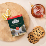 Ahmad Tea English Breakfast 100g Loose Leaf Caddy from English Scene Collection - Caddy next to a teapot