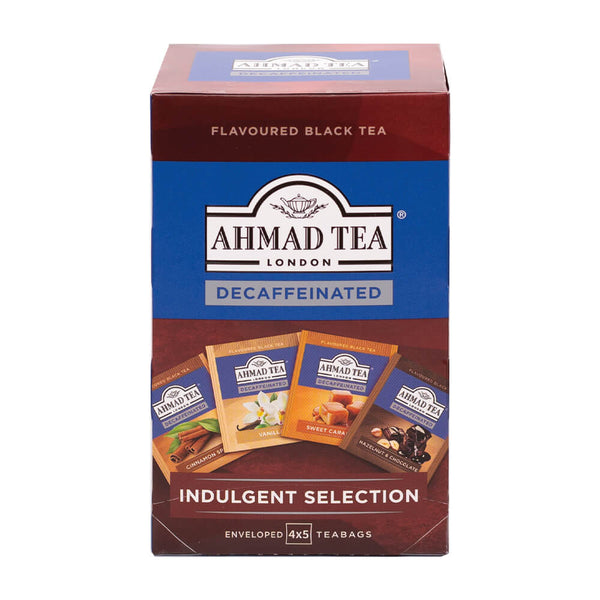 Ahmad Tea Decaffeinated Indulgent Selection of 4 Black Teas 20 Teabags - Front of box