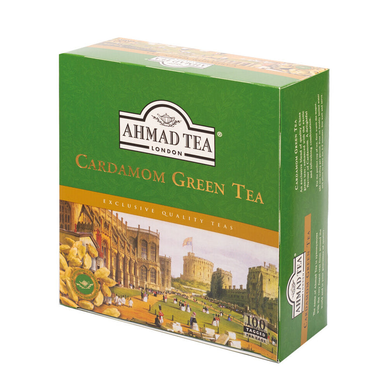 Cardamom Green Tea 100 Tagged Teabags - Side angle of box