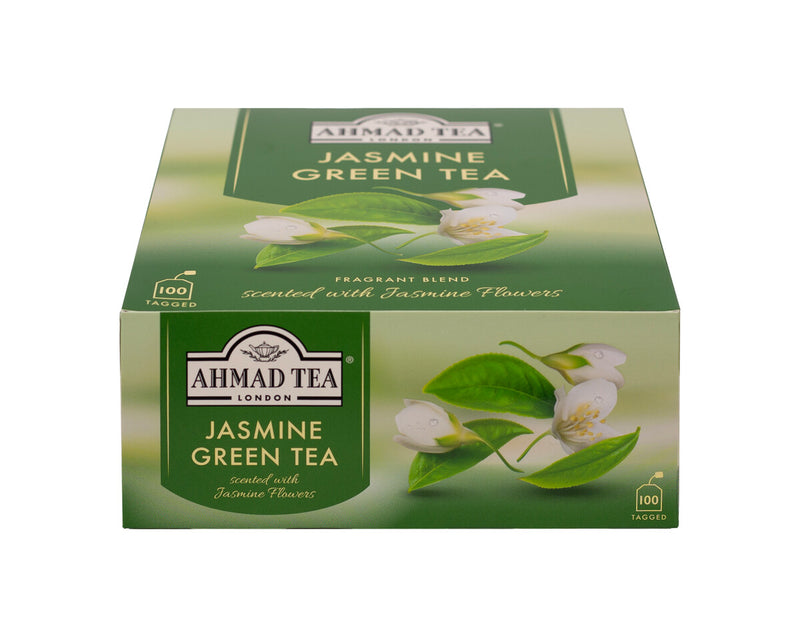 Ahmad Tea Jasmine Green Tea 100 Teabags - Side angle of box