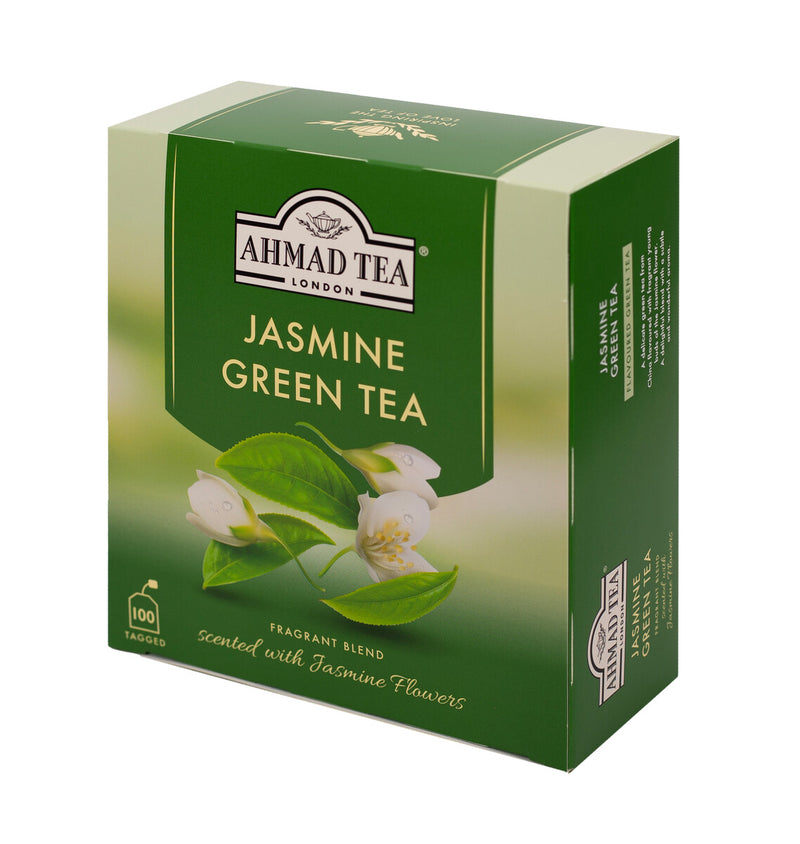 Ahmad Tea Jasmine Green Tea 100 Teabags - Side angle of box