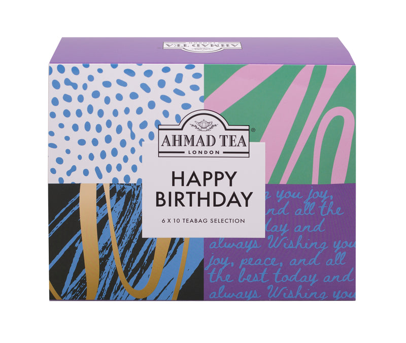 Ahmad Tea Evergreen Selection 60 Teabags  with Happy Birthday Message- Front of box