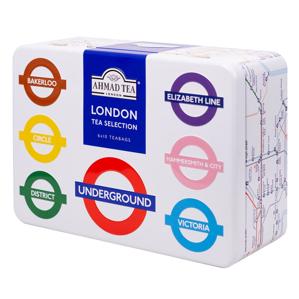 Ahmad Tea London Underground TFL Caddy with Black & Green Teas  60 Teabags - Side of Caddy