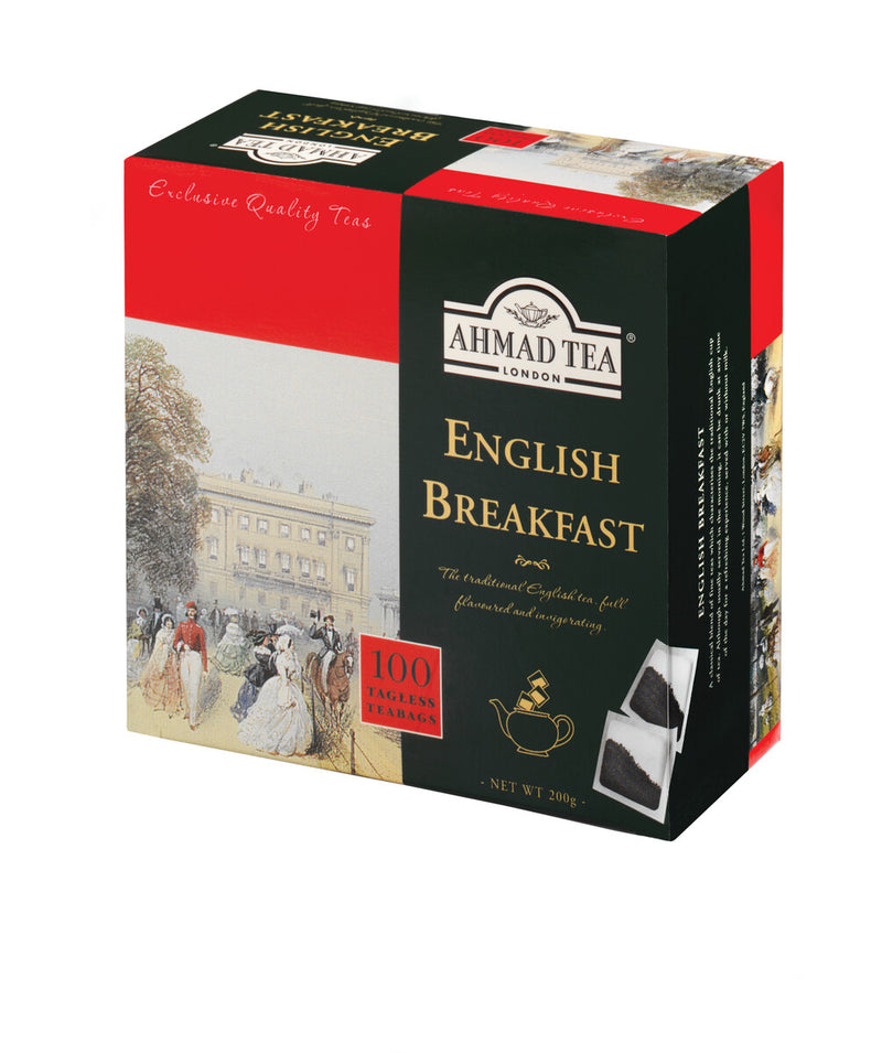 Ahmad Tea English Breakfast 100 tagless Teabags - Front of box