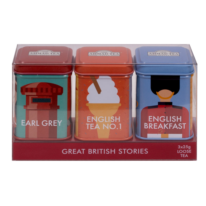 Ahmad Tea Great British Stories Caddies with 3 Black Teas  75g Loose Leaf Tea - Front of Caddy