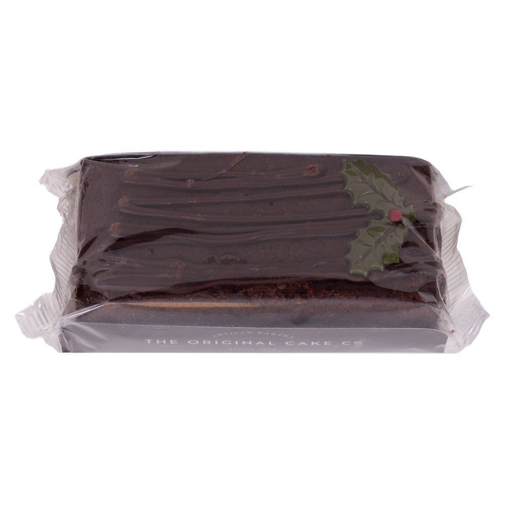 The Original Cake Company Christmas Chocolate Yule Log 210g, handmade chocolate cake with fudgy brownie, chocolate drizzle and festive holly decoration.