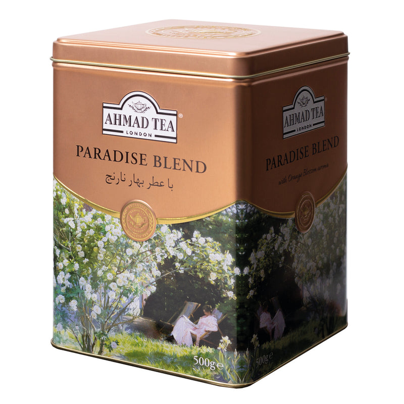 Ahmad Tea Paradise Blend - 500g Loose Leaf Tea side of caddy