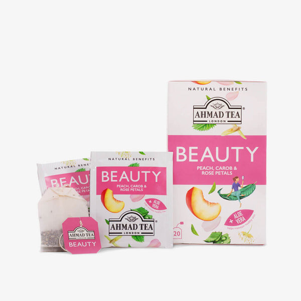 Peach, Carob & Rose Petals "Beauty" Infusion 20 Teabags - Box, envelopes and teabag