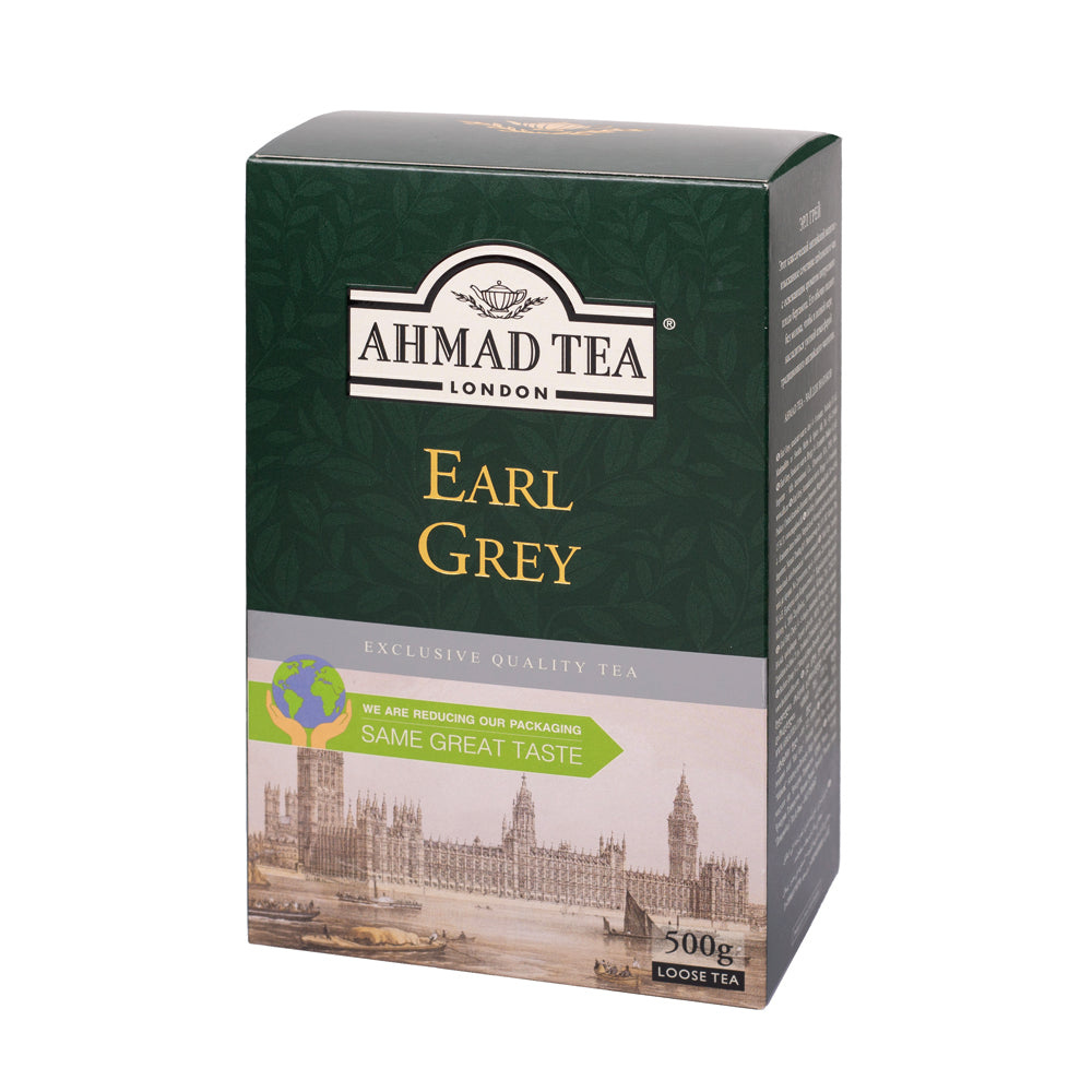 Ahmad Tea 500g Earl Grey Loose Tea Packet - Side angle of box