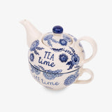 Sass & Belle Blue Willow Floral Teapot for One - Teapot and cup from side angle