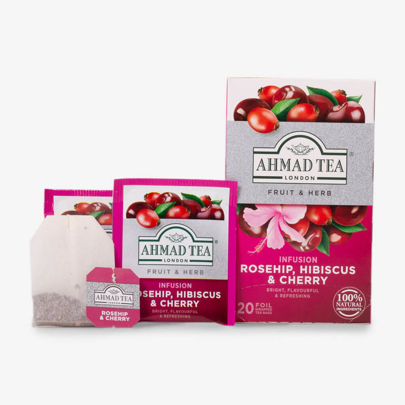  Rosehip, Hibiscus & Cherry 20 Teabags - Box, envelopes and teabag