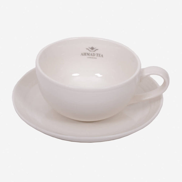 Ahmad Tea White Ceramic Teacup & Saucer - Side angle of teacup & saucer