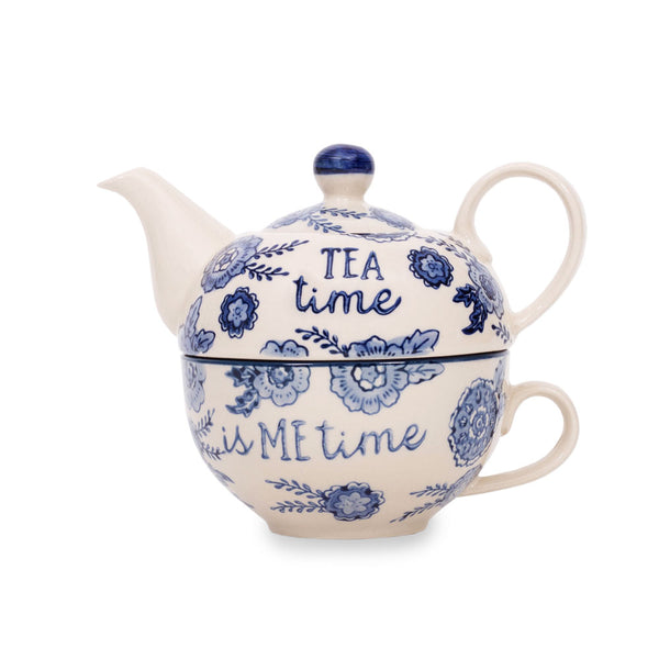 Sass & Belle Blue Willow Floral Teapot for One - Front of teapot and cup