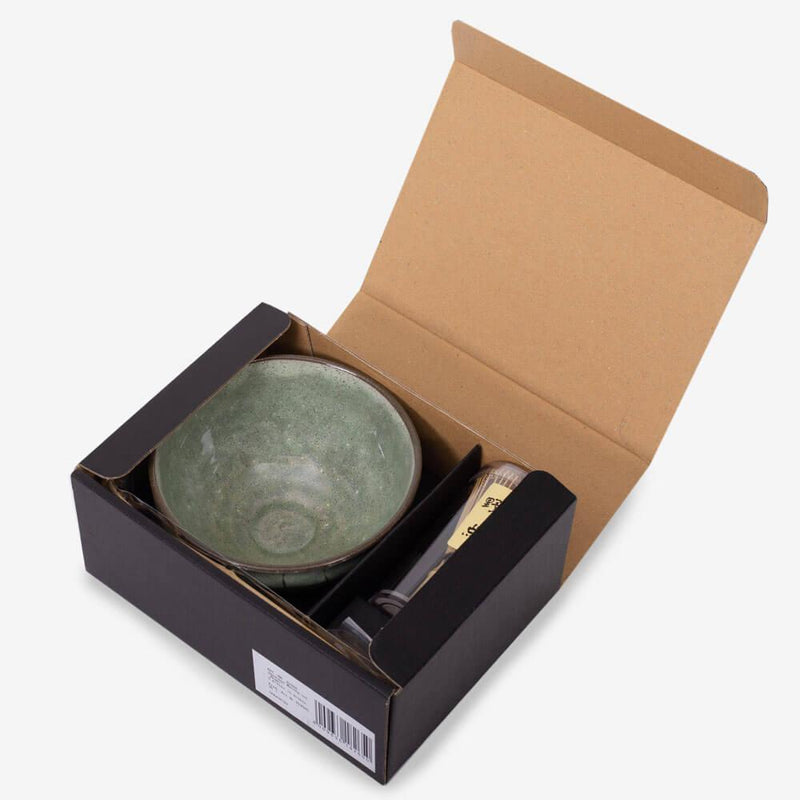  Matcha Gift Box Set with Green Glazed Bowl - Items in open gift box