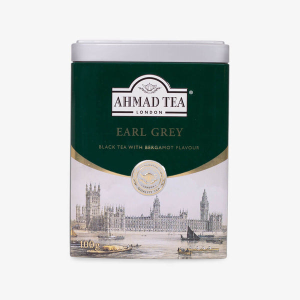 Ahmad Tea Earl Grey 100g  Loose Tea Caddy from English Scene Collection - Front of caddy