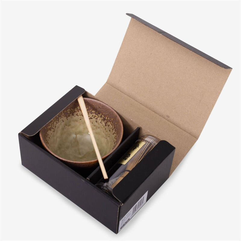 Matcha Gift Box Set w Brown Unglazed Bowl - Complete set with box