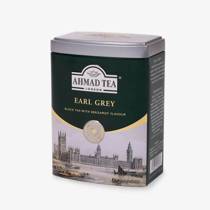 Earl Grey 100g Loose Leaf Caddy from English Scene Collection - Side angle of caddy